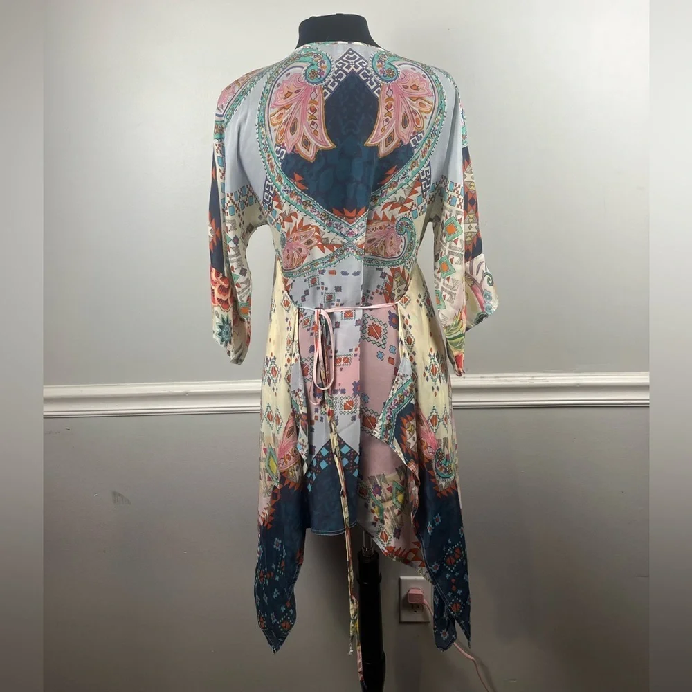 Johnny Was multi color tunic sheer tie blouse size XS
